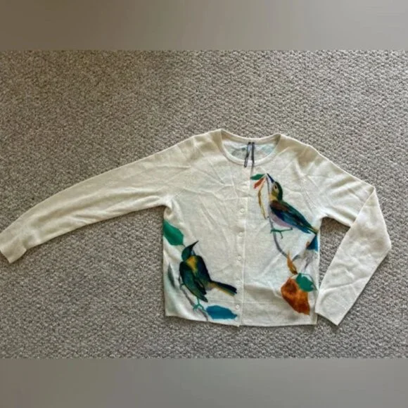 Anthropologie The Juliet Cashmere Cardigan Sweater Birds Graphics size S - Picture 9 of 11